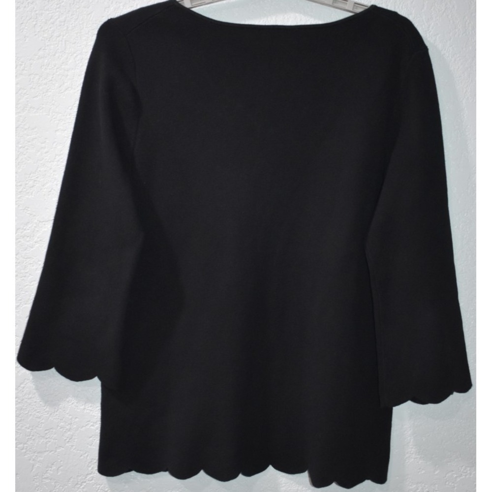 Talbots X Sweater Scallop Trim Solid Stretch VNeck Ribbed Elegant Black Pullover - Picture 2 of 16